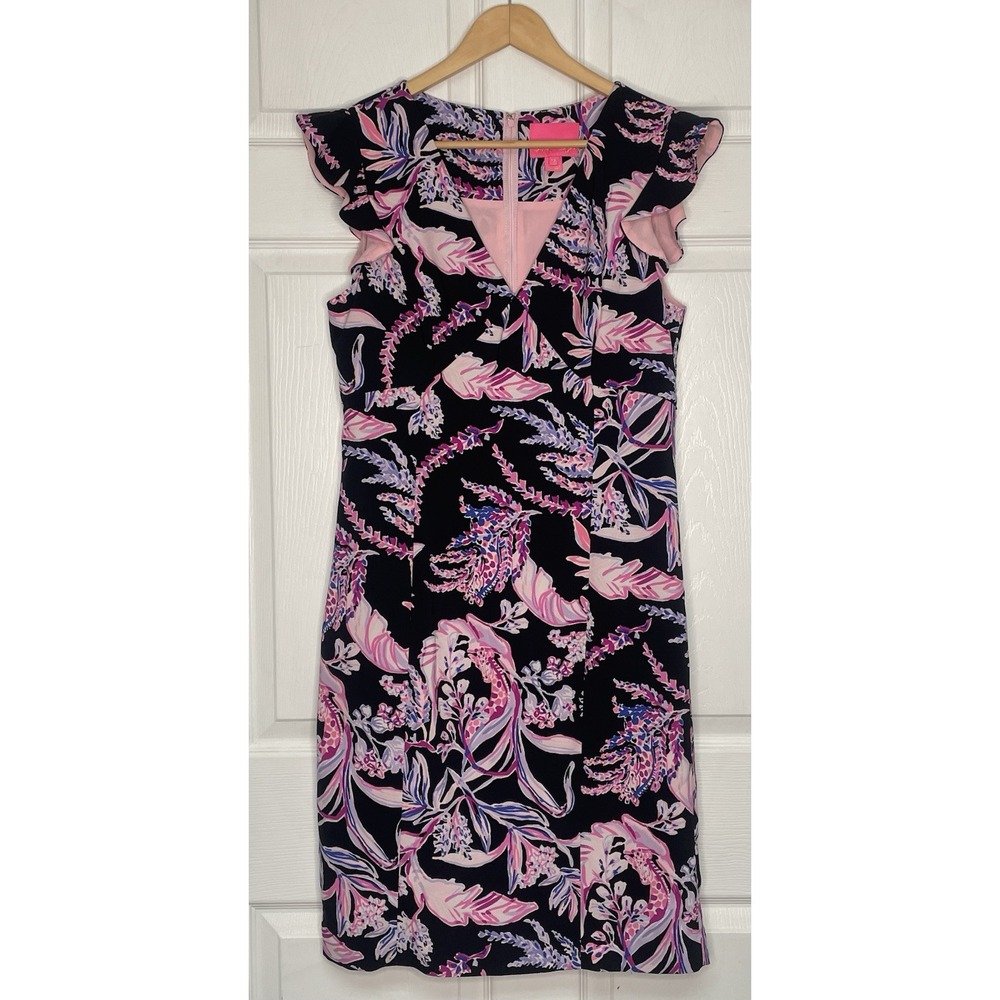 Lilly Pulitzer Womens 10 Black/Purple Mina Floral Print Ruffle Trim Dress Resort